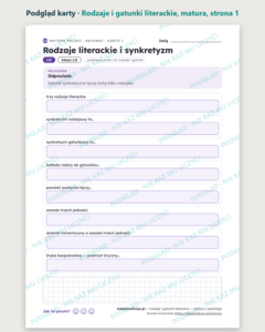Rodzaje i gatunki literackie, matura z polskiego — 10 kart PDF — podgląd karty, strona 1