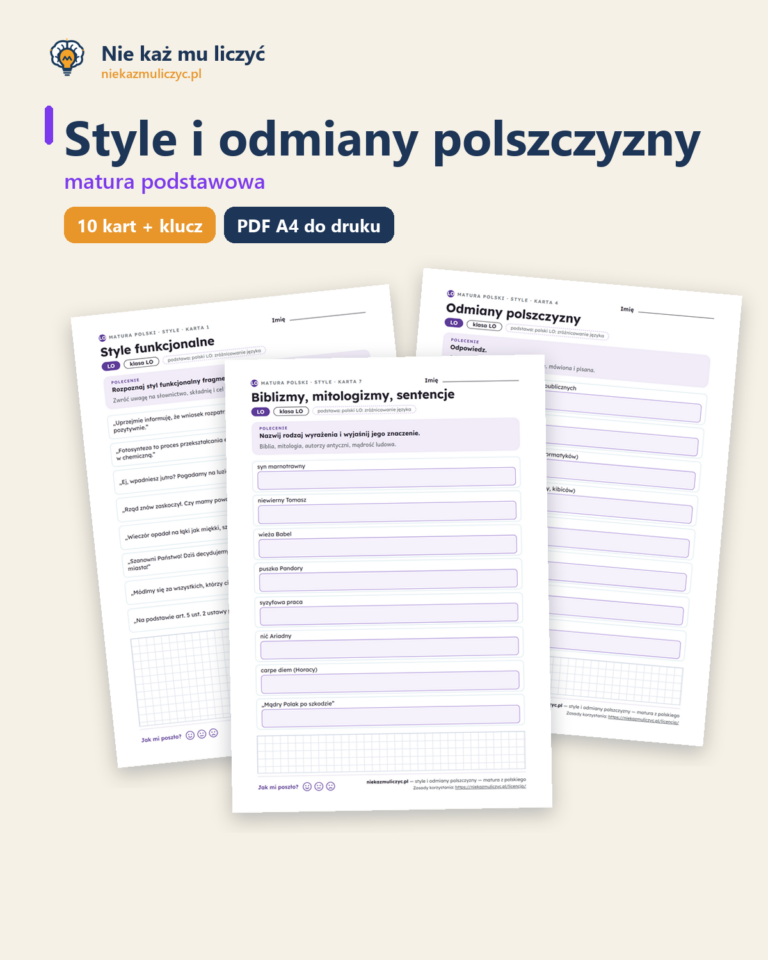 Style i odmiany polszczyzny, matura z polskiego — 10 kart PDF — okładka