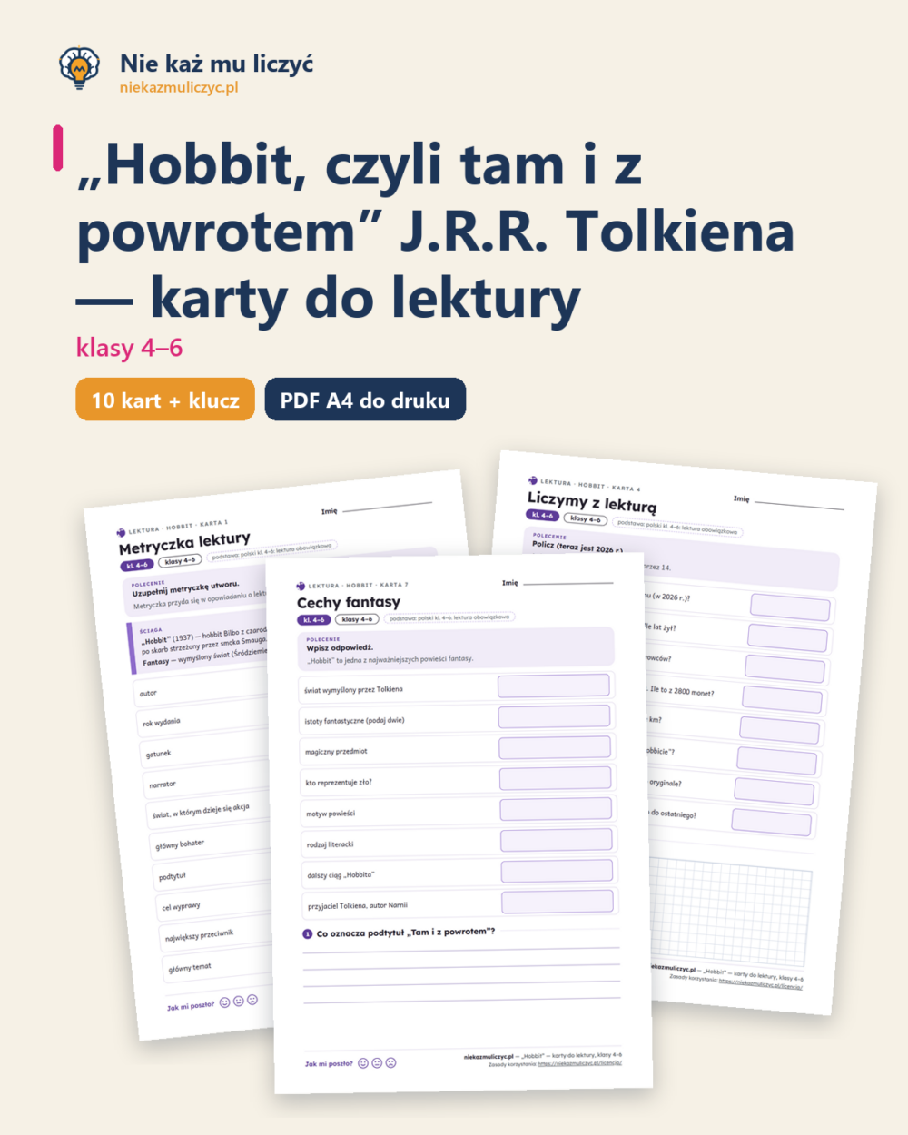 „Hobbit”, lektura kl. 4–6 — 10 kart pracy PDF z kluczem — okładka