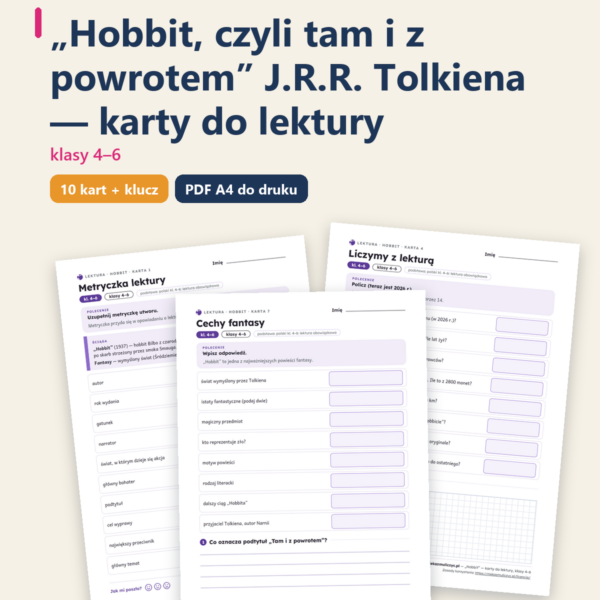 „Hobbit”, lektura kl. 4–6 — 10 kart pracy PDF z kluczem — okładka