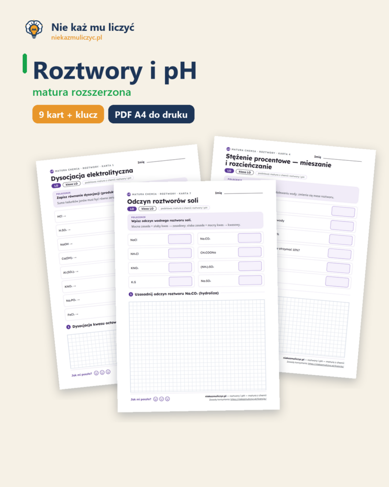 Roztwory i pH — matura z chemii — 9 kart PDF z kluczem — okładka