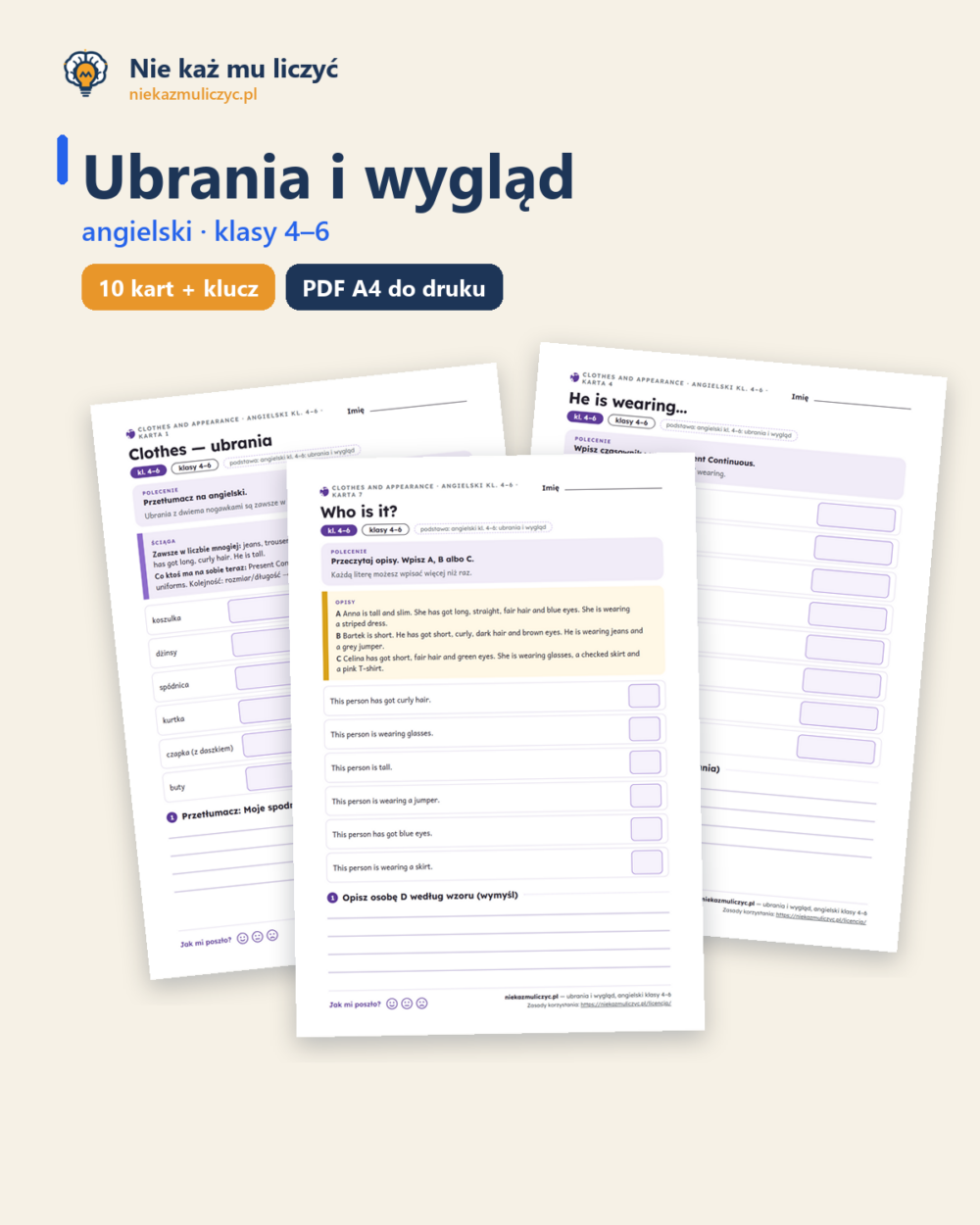 Ubrania i wygląd, angielski klasy 4–6 — 10 kart pracy PDF z kluczem — okładka