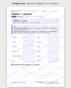 Ubrania i wygląd, angielski klasy 4–6 — 10 kart pracy PDF z kluczem — podgląd karty, strona 1