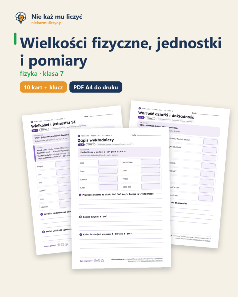 Wielkości fizyczne, jednostki i pomiary, fizyka klasa 7 — 10 kart PDF — okładka