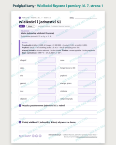 Wielkości fizyczne, jednostki i pomiary, fizyka klasa 7 — 10 kart PDF — podgląd karty, strona 1