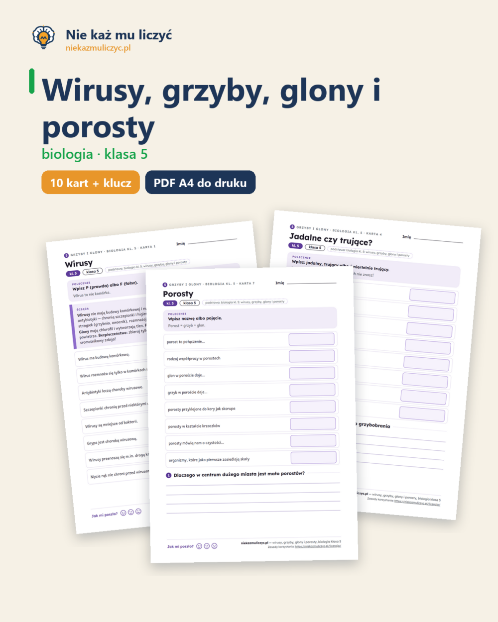 Wirusy, grzyby, glony i porosty, kl. 5 — 10 kart pracy PDF z kluczem — okładka