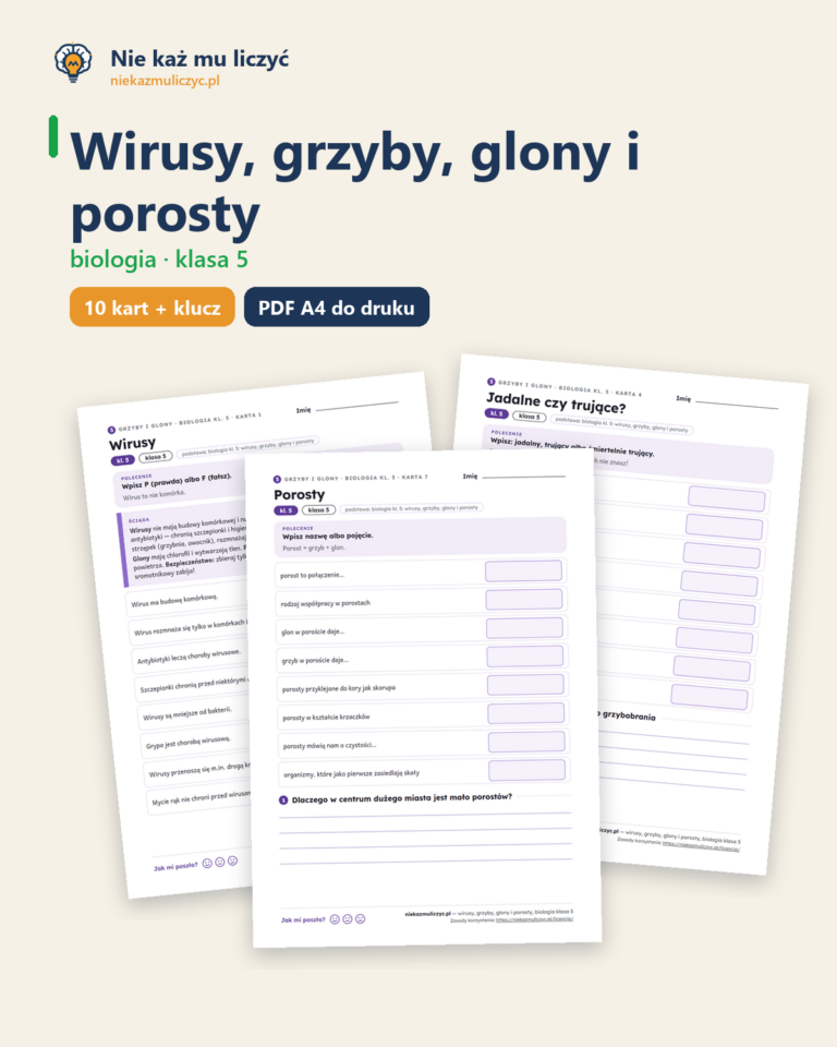 Wirusy, grzyby, glony i porosty, kl. 5 — 10 kart pracy PDF z kluczem — okładka