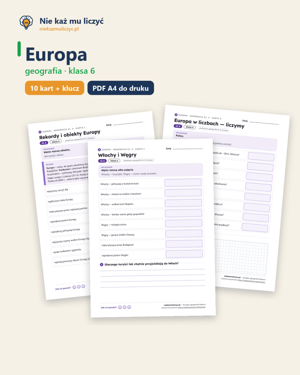 Europa, geografia klasa 6 — 10 kart pracy PDF z kluczem — okładka