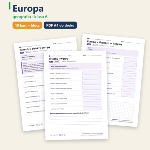 Europa, geografia klasa 6 — 10 kart pracy PDF z kluczem — okładka