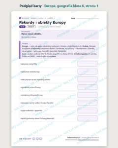 Europa, geografia klasa 6 — 10 kart pracy PDF z kluczem — podgląd karty, strona 1