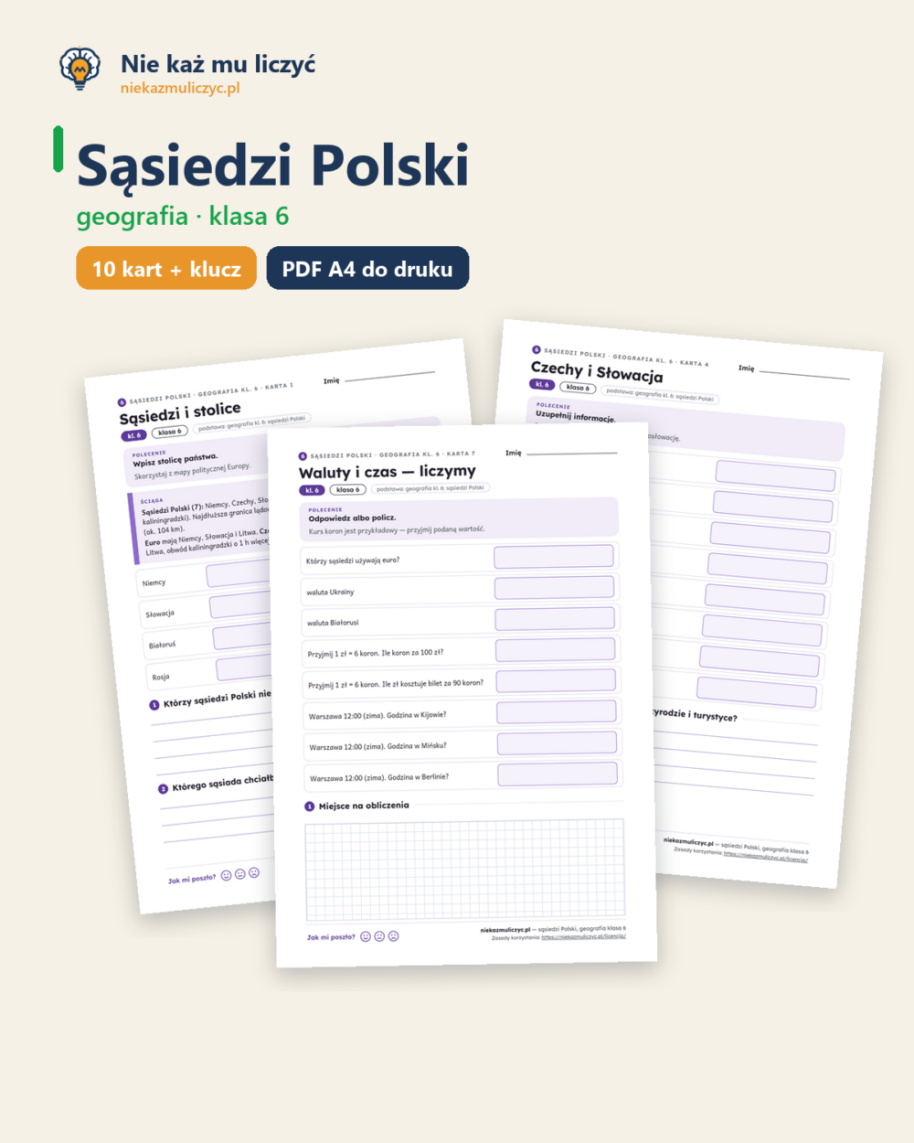 Sąsiedzi Polski, geografia klasa 6 — 10 kart pracy PDF z kluczem — okładka
