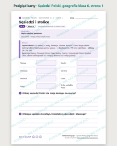 Sąsiedzi Polski, geografia klasa 6 — 10 kart pracy PDF z kluczem — podgląd karty, strona 1