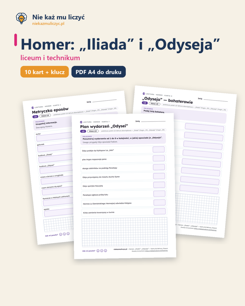 Homer: „Iliada” i „Odyseja” — karty do lektury, liceum, 10 kart PDF — okładka