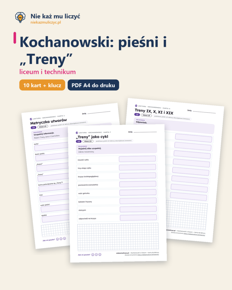 Kochanowski: pieśni i „Treny” — karty do lektury, liceum, 10 kart PDF — okładka