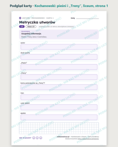 Kochanowski: pieśni i „Treny” — karty do lektury, liceum, 10 kart PDF — podgląd karty, strona 1