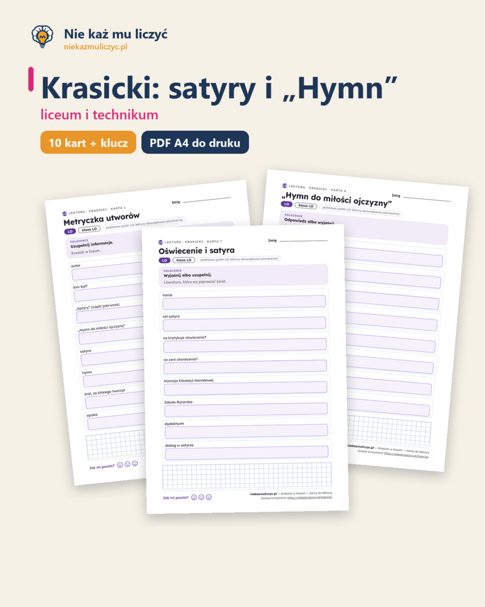 Krasicki: satyry i „Hymn” — karty do lektury, liceum, 10 kart PDF — okładka