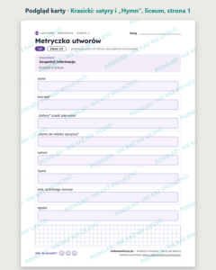 Krasicki: satyry i „Hymn” — karty do lektury, liceum, 10 kart PDF — podgląd karty, strona 1