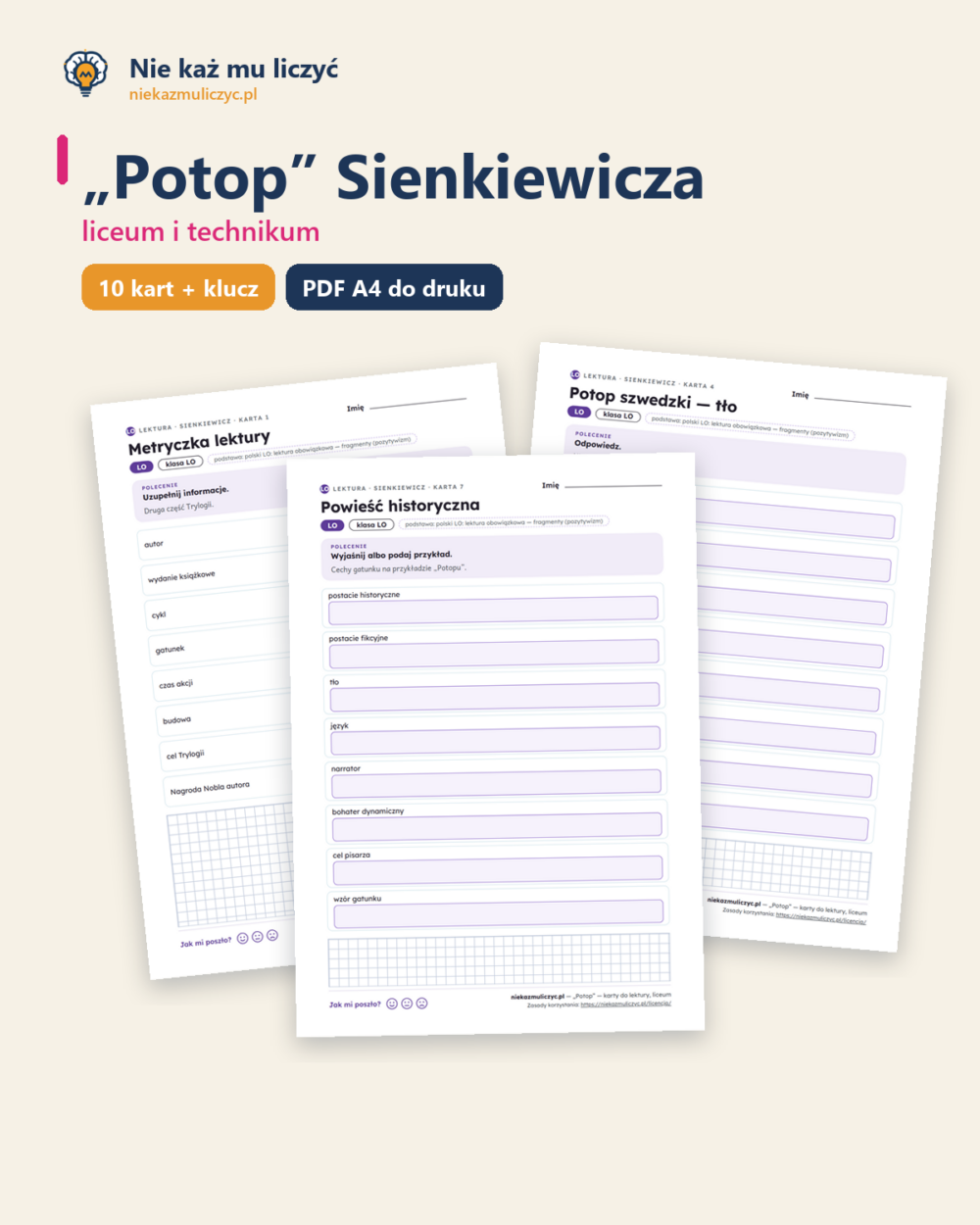 „Potop” Sienkiewicza — karty do lektury, liceum, 10 kart PDF — okładka