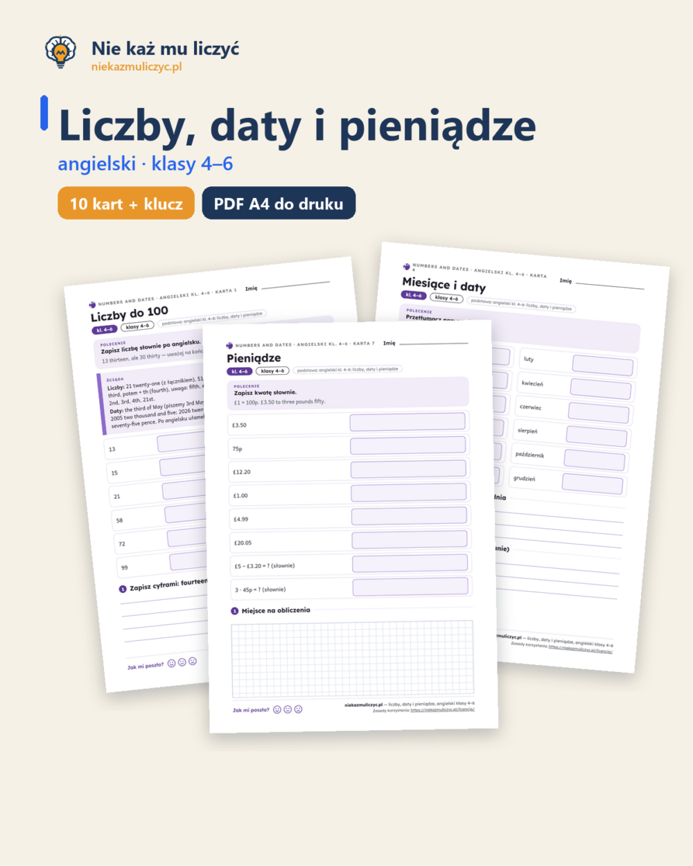Liczby, daty i pieniądze, angielski klasy 4–6 — 10 kart PDF z kluczem — okładka