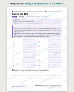 Liczby, daty i pieniądze, angielski klasy 4–6 — 10 kart PDF z kluczem — podgląd karty, strona 1
