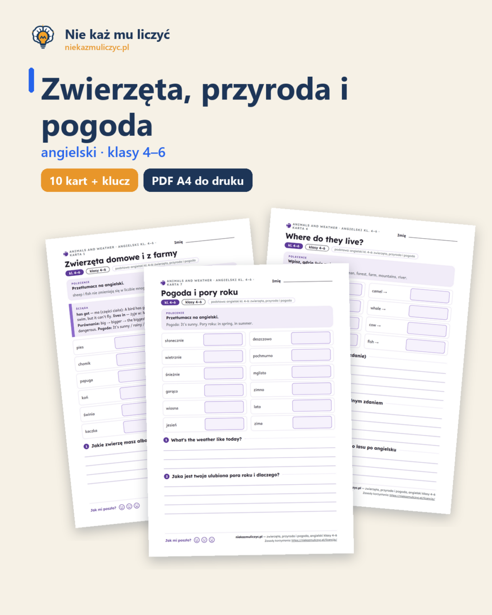 Zwierzęta, przyroda i pogoda, angielski klasy 4–6 — 10 kart PDF — okładka