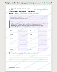 Zwierzęta, przyroda i pogoda, angielski klasy 4–6 — 10 kart PDF — podgląd karty, strona 1