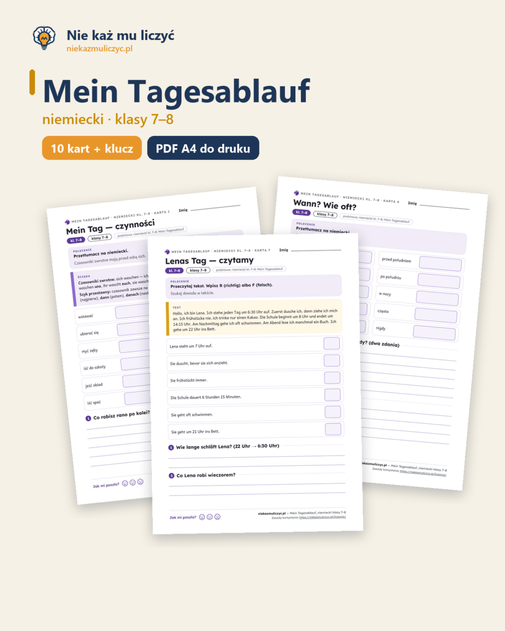 Mein Tagesablauf, niemiecki klasy 7–8 — 10 kart pracy PDF z kluczem — okładka
