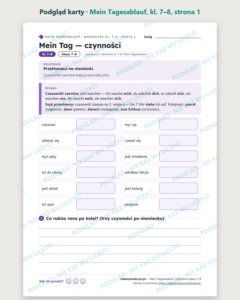Mein Tagesablauf, niemiecki klasy 7–8 — 10 kart pracy PDF z kluczem — podgląd karty, strona 1