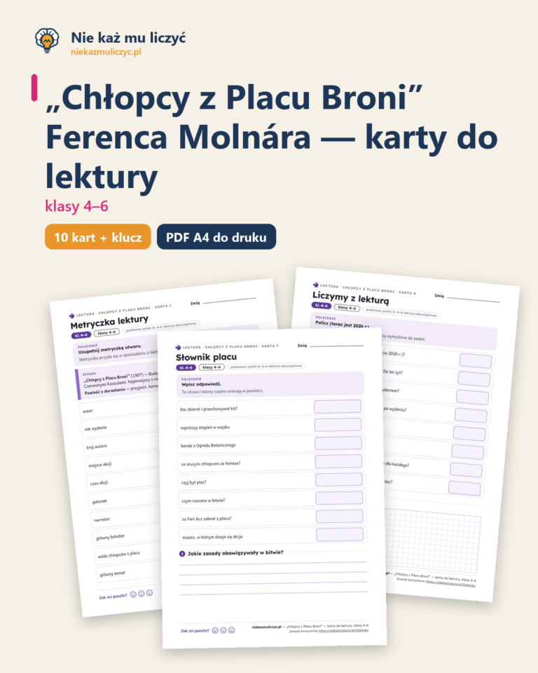 „Chłopcy z Placu Broni”, lektura kl. 4–6 — 10 kart pracy PDF z kluczem — okładka