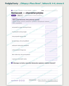 „Chłopcy z Placu Broni”, lektura kl. 4–6 — 10 kart pracy PDF z kluczem — podgląd karty, strona 6
