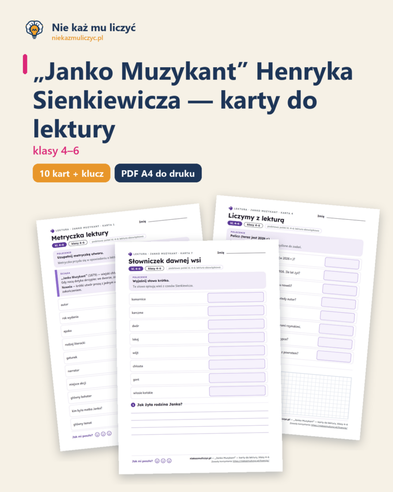 „Janko Muzykant”, lektura kl. 4–6 — 10 kart pracy PDF z kluczem — okładka