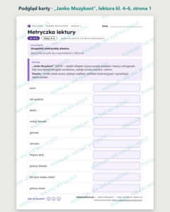 „Janko Muzykant”, lektura kl. 4–6 — 10 kart pracy PDF z kluczem — podgląd karty, strona 1