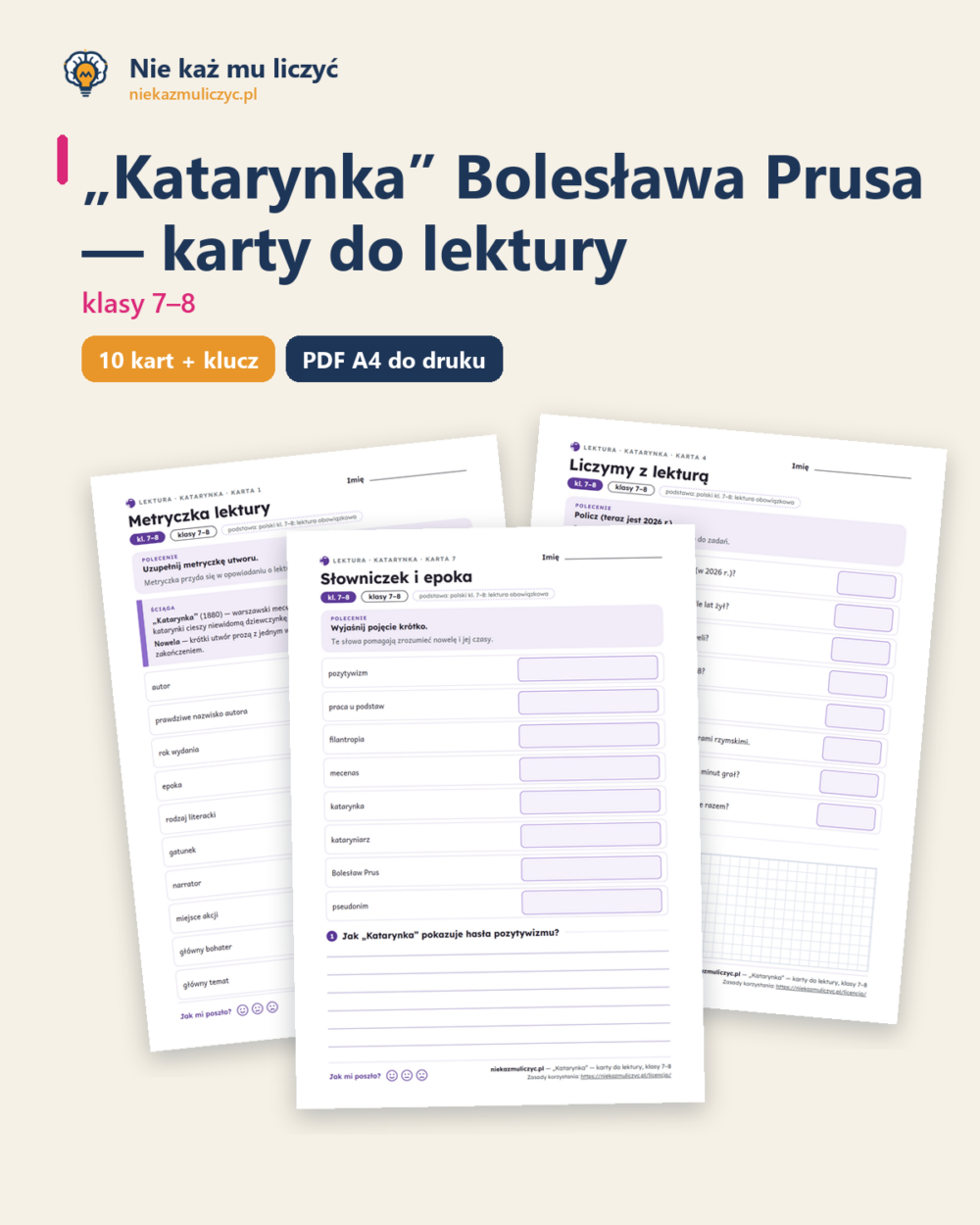 „Katarynka”, lektura kl. 7–8 — 10 kart pracy PDF z kluczem — okładka