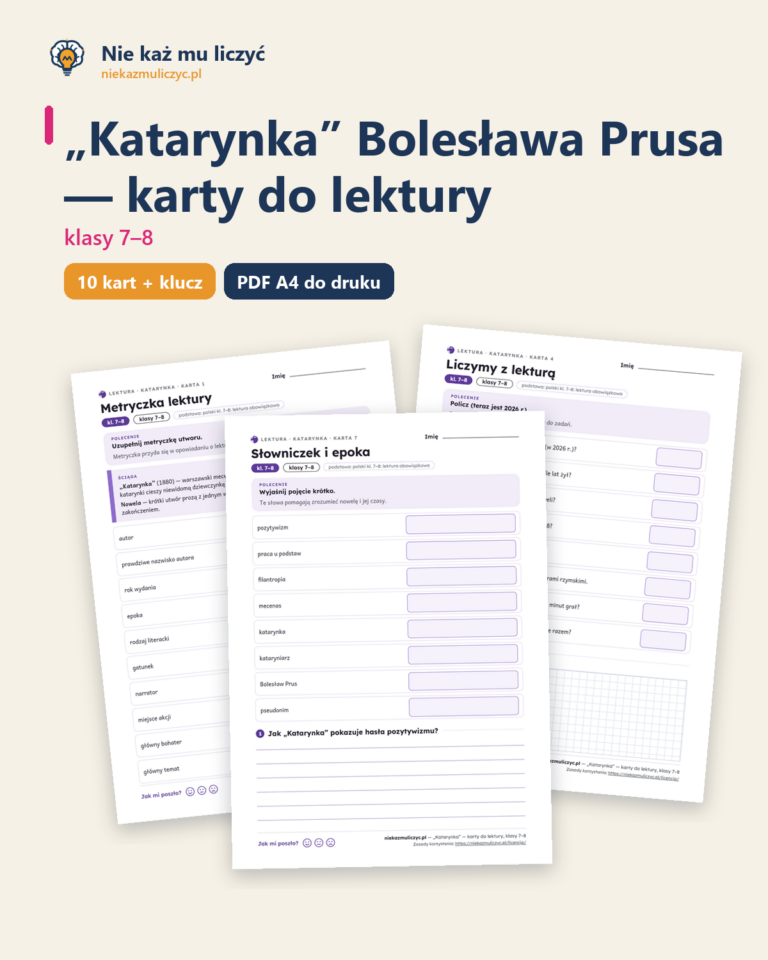 „Katarynka”, lektura kl. 7–8 — 10 kart pracy PDF z kluczem — okładka