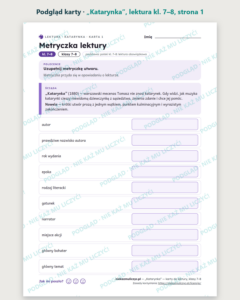 „Katarynka”, lektura kl. 7–8 — 10 kart pracy PDF z kluczem — podgląd karty, strona 1
