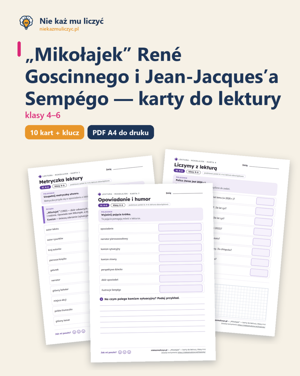 „Mikołajek”, lektura kl. 4–6 — 10 kart pracy PDF z kluczem — okładka