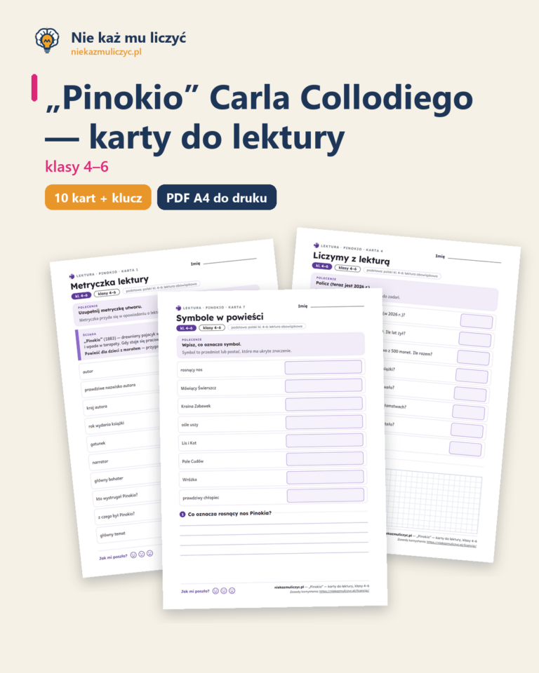 „Pinokio”, lektura kl. 4–6 — 10 kart pracy PDF z kluczem — okładka