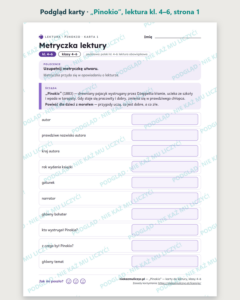 „Pinokio”, lektura kl. 4–6 — 10 kart pracy PDF z kluczem — podgląd karty, strona 1