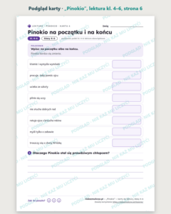 „Pinokio”, lektura kl. 4–6 — 10 kart pracy PDF z kluczem — podgląd karty, strona 6