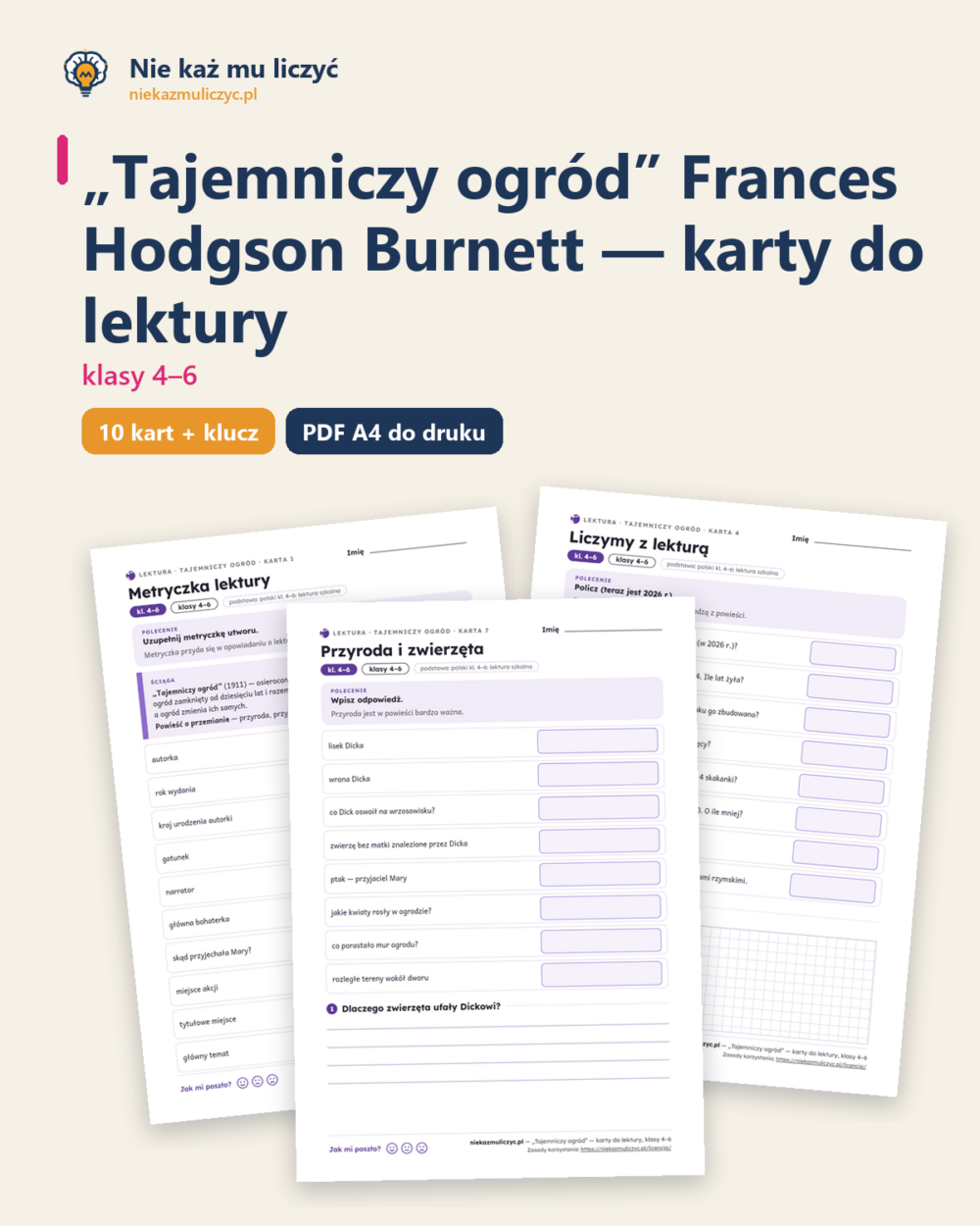 „Tajemniczy ogród”, lektura kl. 4–6 — 10 kart pracy PDF z kluczem — okładka