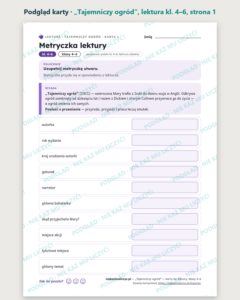„Tajemniczy ogród”, lektura kl. 4–6 — 10 kart pracy PDF z kluczem — podgląd karty, strona 1