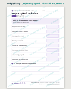 „Tajemniczy ogród”, lektura kl. 4–6 — 10 kart pracy PDF z kluczem — podgląd karty, strona 6
