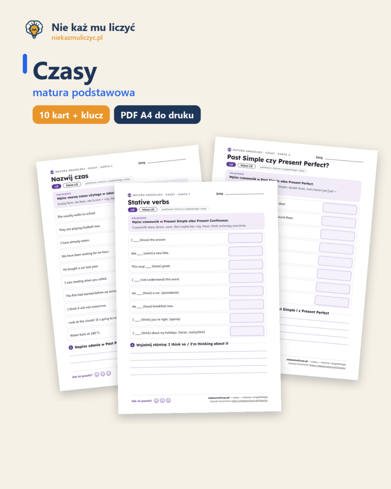 Czasy — matura z angielskiego — 10 kart PDF z kluczem — okładka