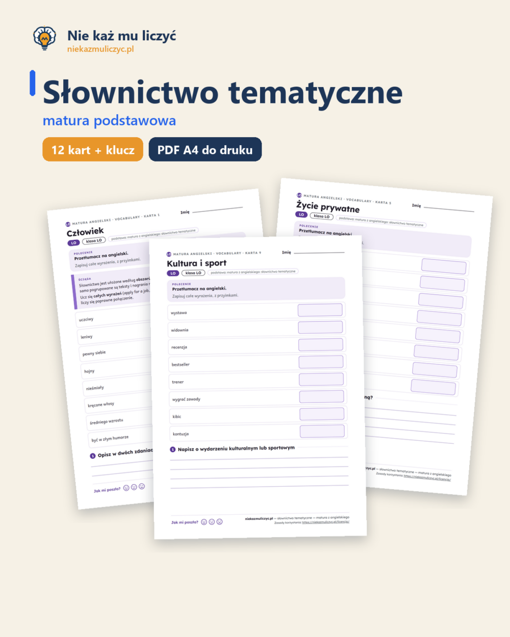 Słownictwo tematyczne — matura z angielskiego — 12 kart PDF z kluczem — okładka