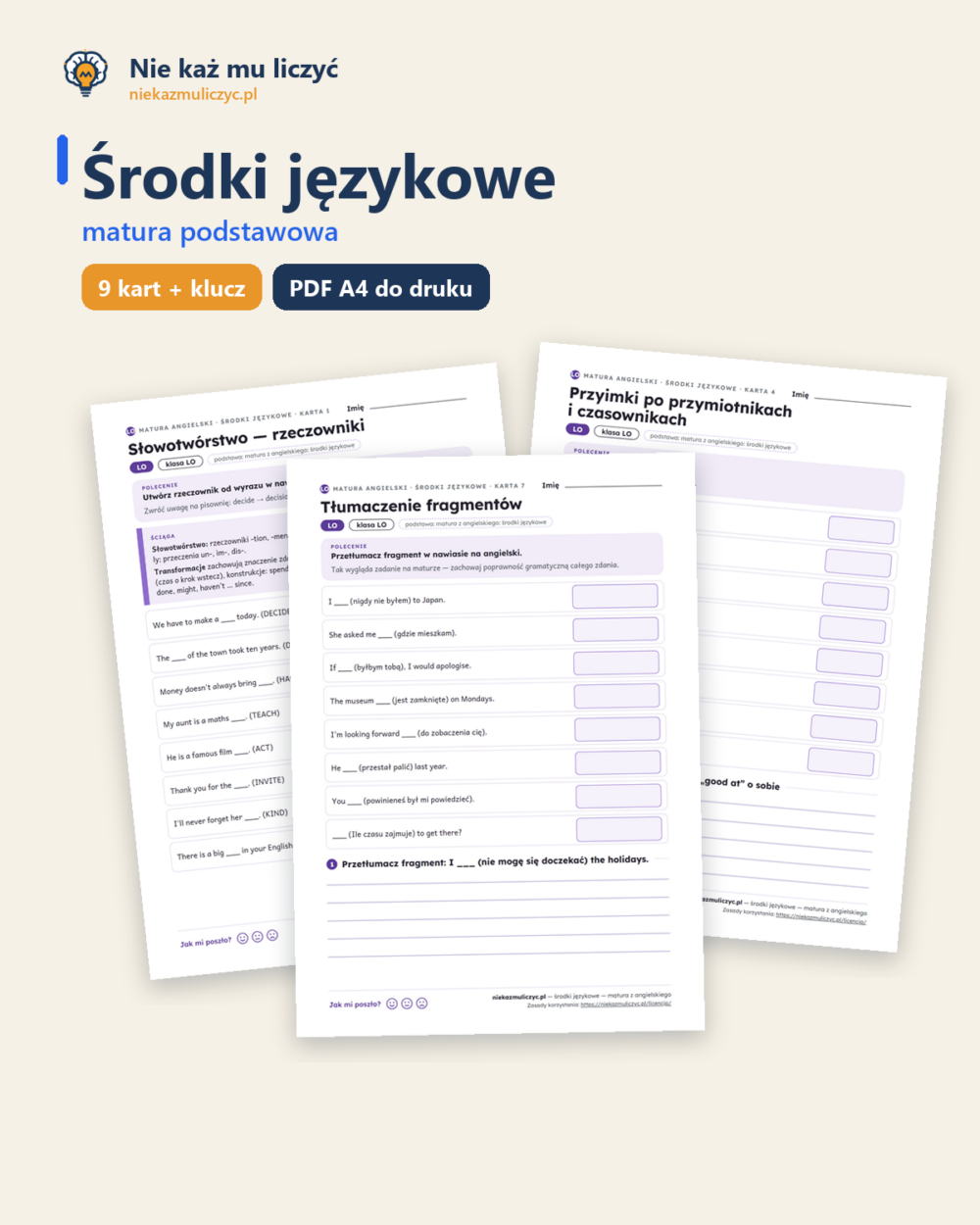Środki językowe — matura z angielskiego — 9 kart PDF z kluczem — okładka