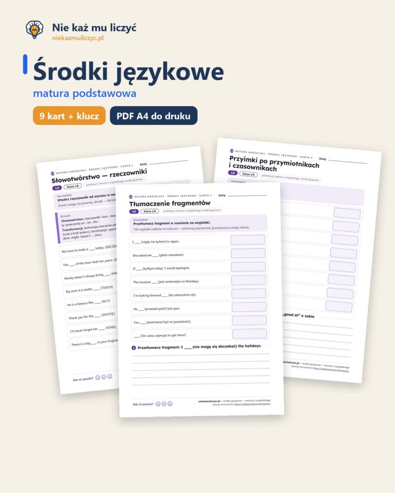 Środki językowe — matura z angielskiego — 9 kart PDF z kluczem — okładka