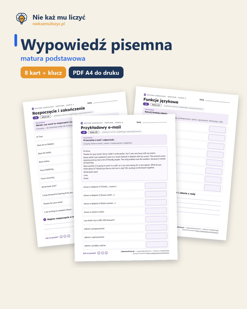 Wypowiedź pisemna — matura z angielskiego — 8 kart PDF z kluczem — okładka