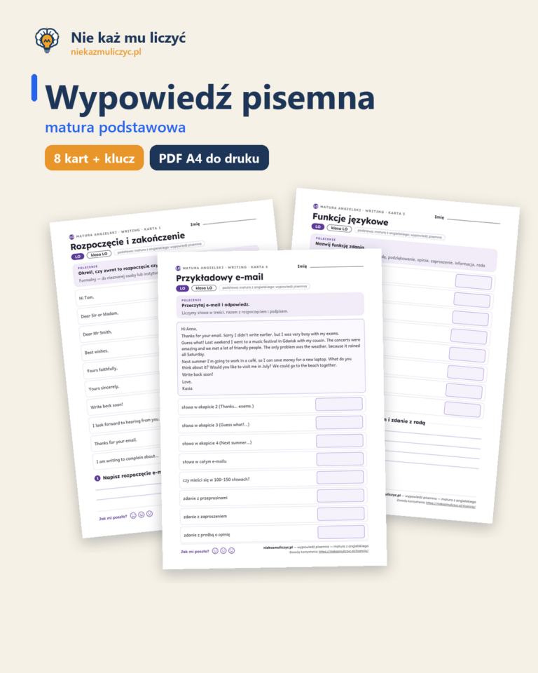 Wypowiedź pisemna — matura z angielskiego — 8 kart PDF z kluczem — okładka