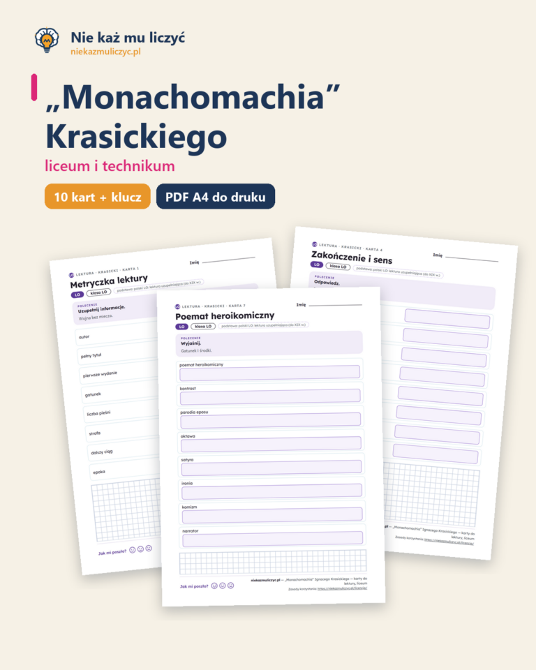„Monachomachia” Krasickiego — karty do lektury, liceum, 10 kart PDF — okładka