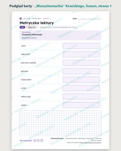 „Monachomachia” Krasickiego — karty do lektury, liceum, 10 kart PDF — podgląd karty, strona 1